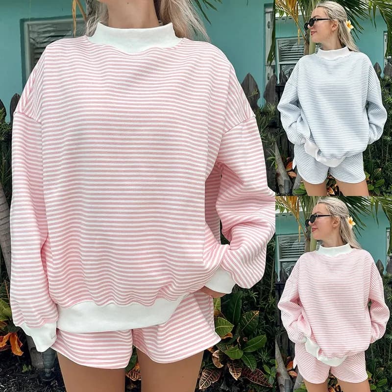 Women's Autumn Striped Color Block Long Sleeve High Neck Loose Fit Combed Cotton Casual Hoodie with Kangaroo Pocket and Ribbed