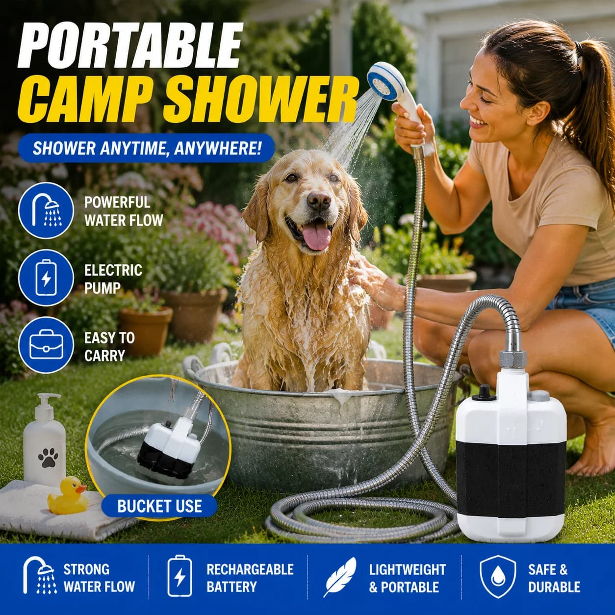 USB Charging Outdoor Camp Shower Set Portable Electric Water Pump Flexible Metal Hose Handheld Shower Head For Dog Cleaning