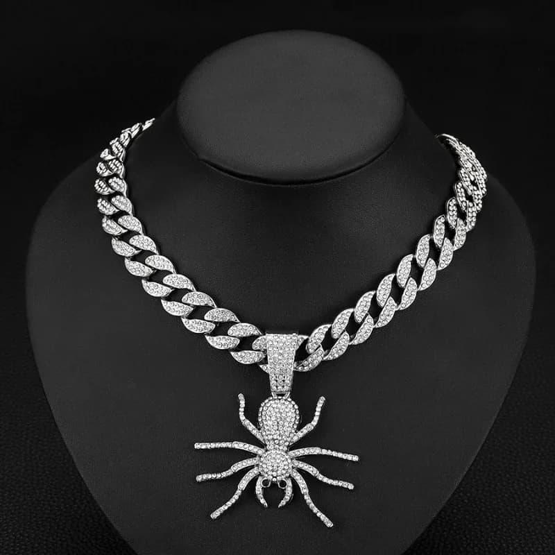 Bold Hip Hop Cuban Chain Necklace with Spider Pendant – Trendy Men's Gothic Jewelry, Punk Streetwear Accessory