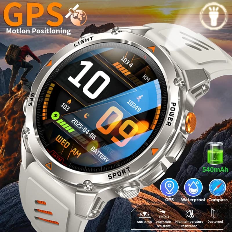 Nuovo Smartwatch LIGE LED per Esterni, Militare, GPS, da Uomo, con Display AMOLED da 1.46'', Bussola, Altimetro, Chiamate BT, Impermeabile 3ATM, Orologio Sportivo
