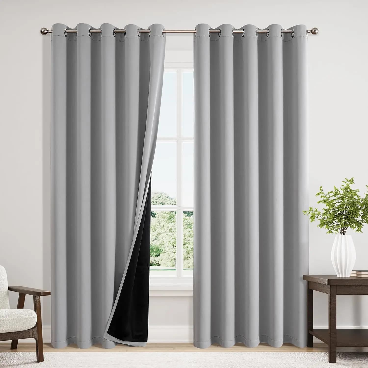 100% Dark Curtains 213 cm long with Thermal Insulation, Set of 2 Extra Wide Panels for Clear Grey Bedroom Window