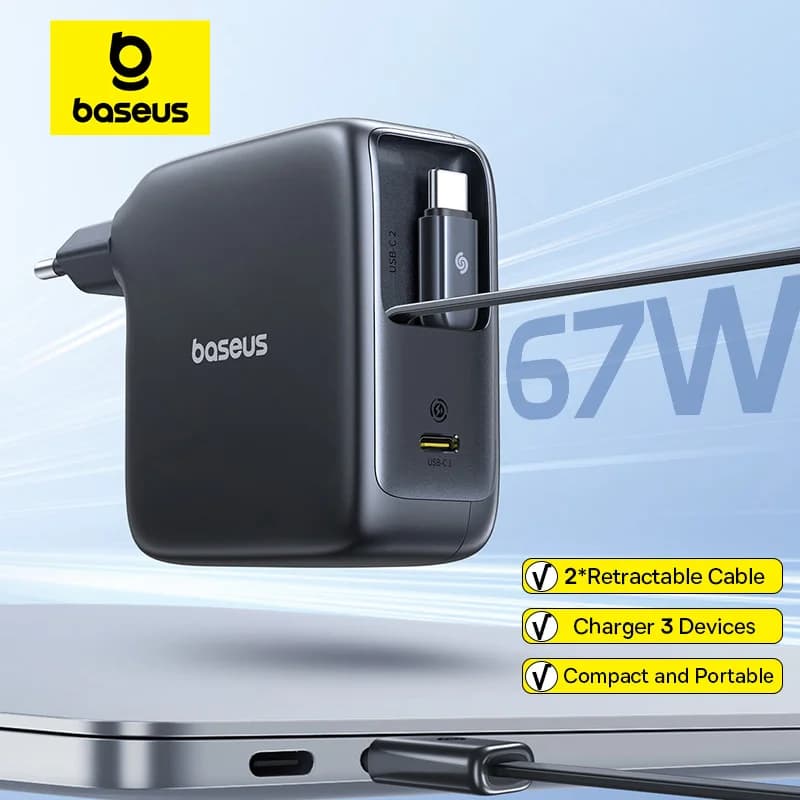 Caricatore GaN Baseus 67W con doppio cavo retrattile Caricatore rapido per iPhone Xiaomi Caricatore da viaggio Samsung Caricatore universale per telefono