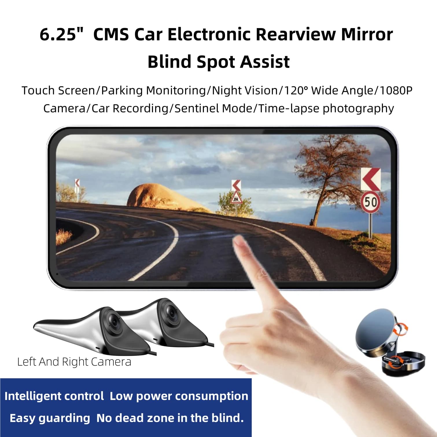 6.25 HD Electronic Retrovisor Mirror with Blind Angle Assistance, Dashcam 1080P 2 Channels (Left and Right view), Night Vision and Monitoring Parking 24H