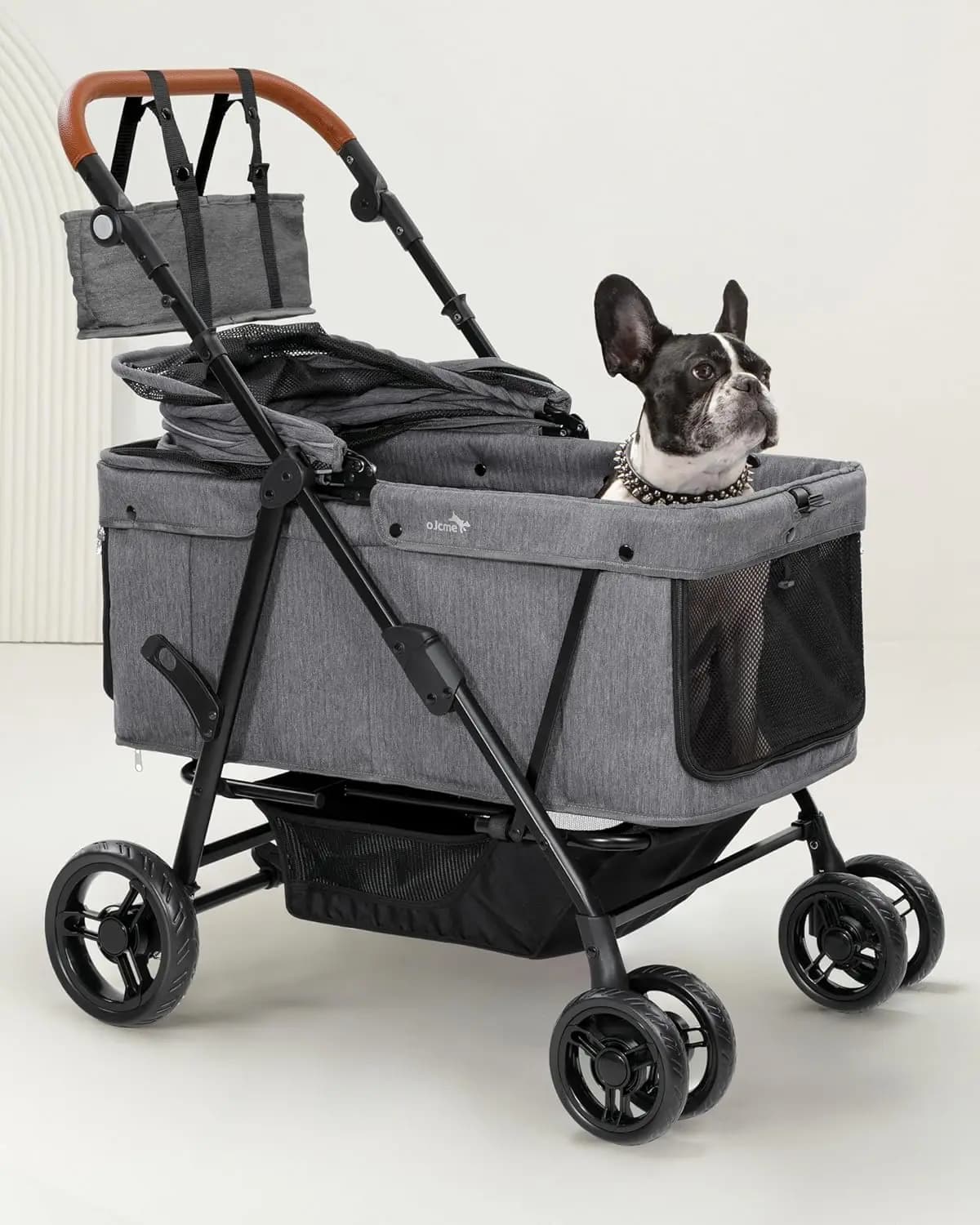 Passeggino grande per cani fino a 60 kg, pieghevole e ventilato, design grigio