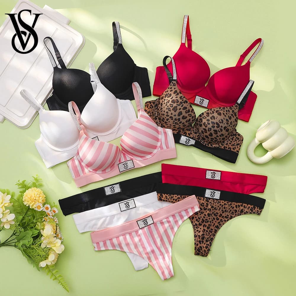 Victoria Secret Very Sexy Logo Shine Strap Push Up Bra And Shine Script Thong Panty Lingerie Set For Women Hot Sale