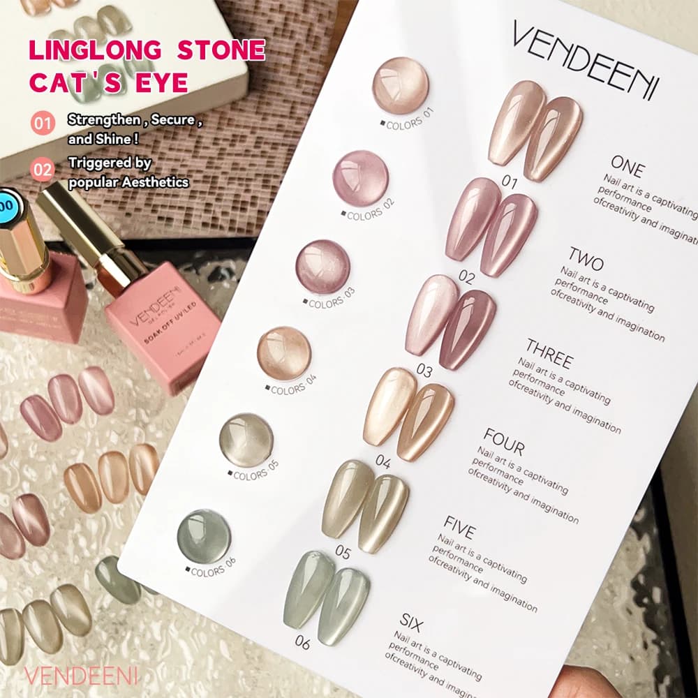 Vendeeni Set of enamels magnetic gel for cat eyes of 6 colors Set of nail polishes UV gel pink Soak Off Paint gel for cat eyes crystal with display