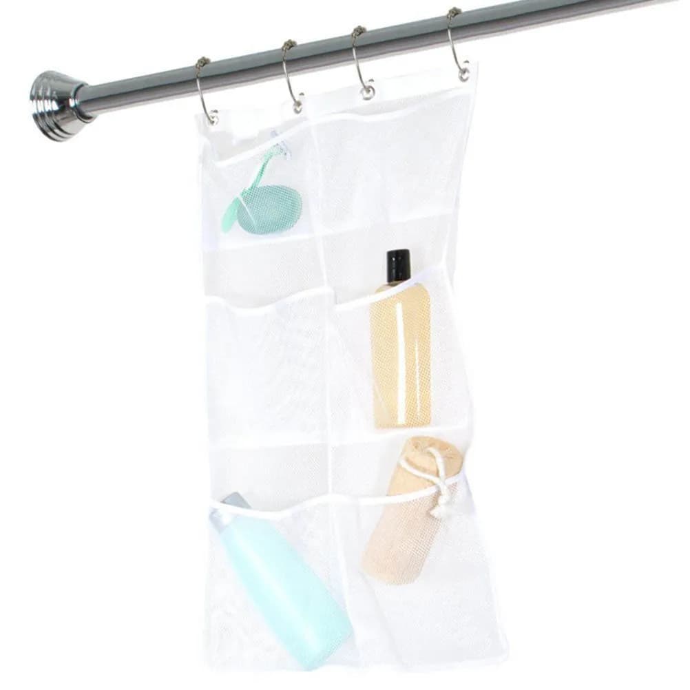 6 Pocket Hanging Mesh Organizer for Bathroom Shower Space Saving Bath Accessories with Installation on Curtain Rod
