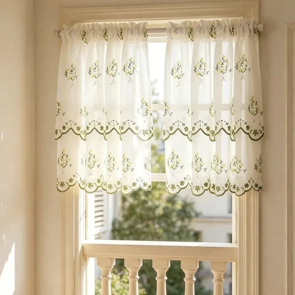 French Vintage Embroidered Short Curtain Dust-Proof Platycodon Flower Coffee Curtain Double Layer Sheer Curtain Wardrobe