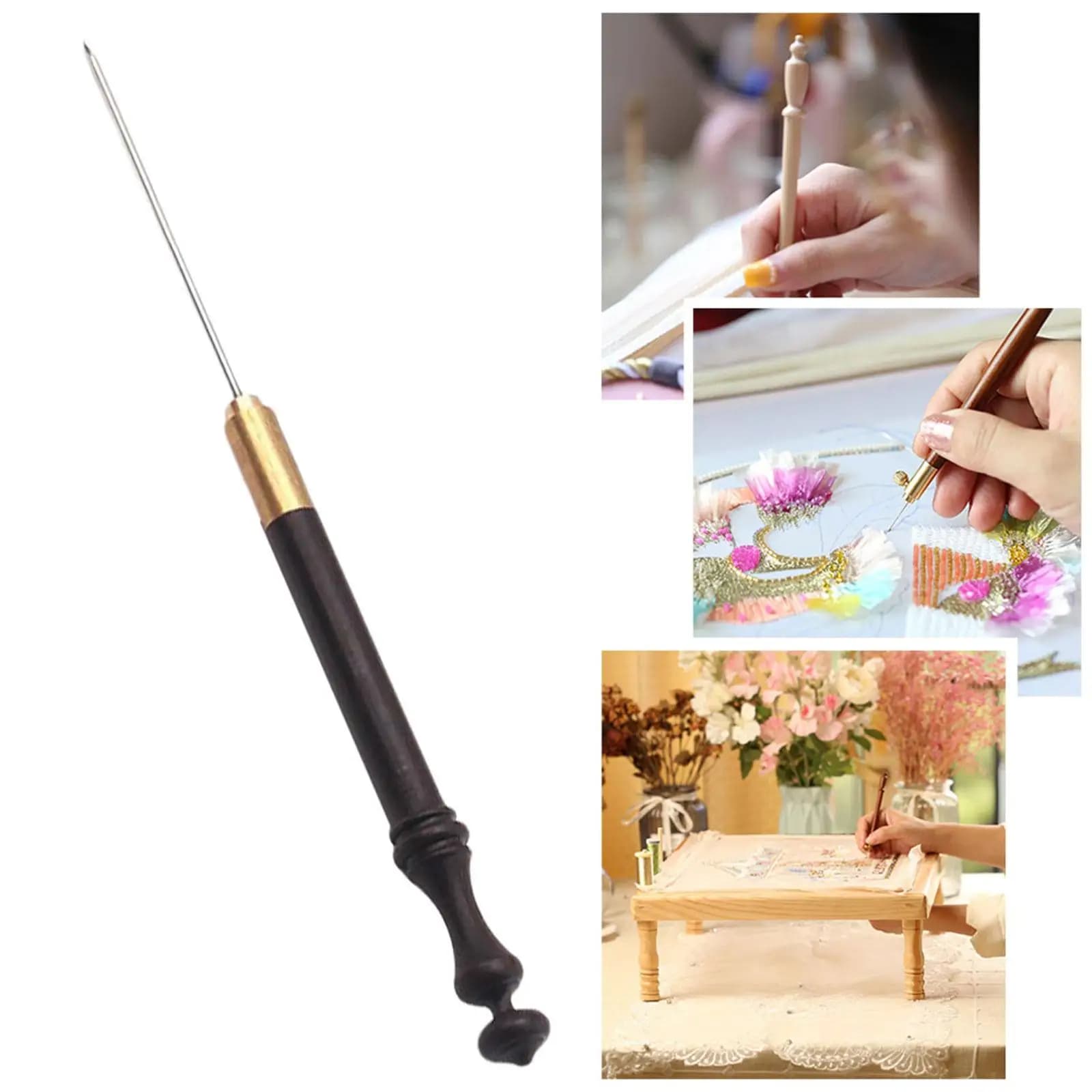 Embroidery Crochet Hooks with Ergonomic Wooden Grip and Brass Tip for Beginner Adults Making Sequins and Bead Stitch Crafts