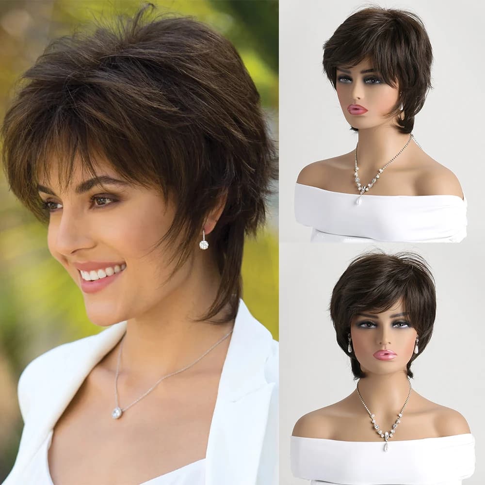 Parrucche corte naturali con frangia Capelli morbidi Uso quotidiano Parrucca da festa in costume per capelli sintetici ricci castani corti Ombre per le donne