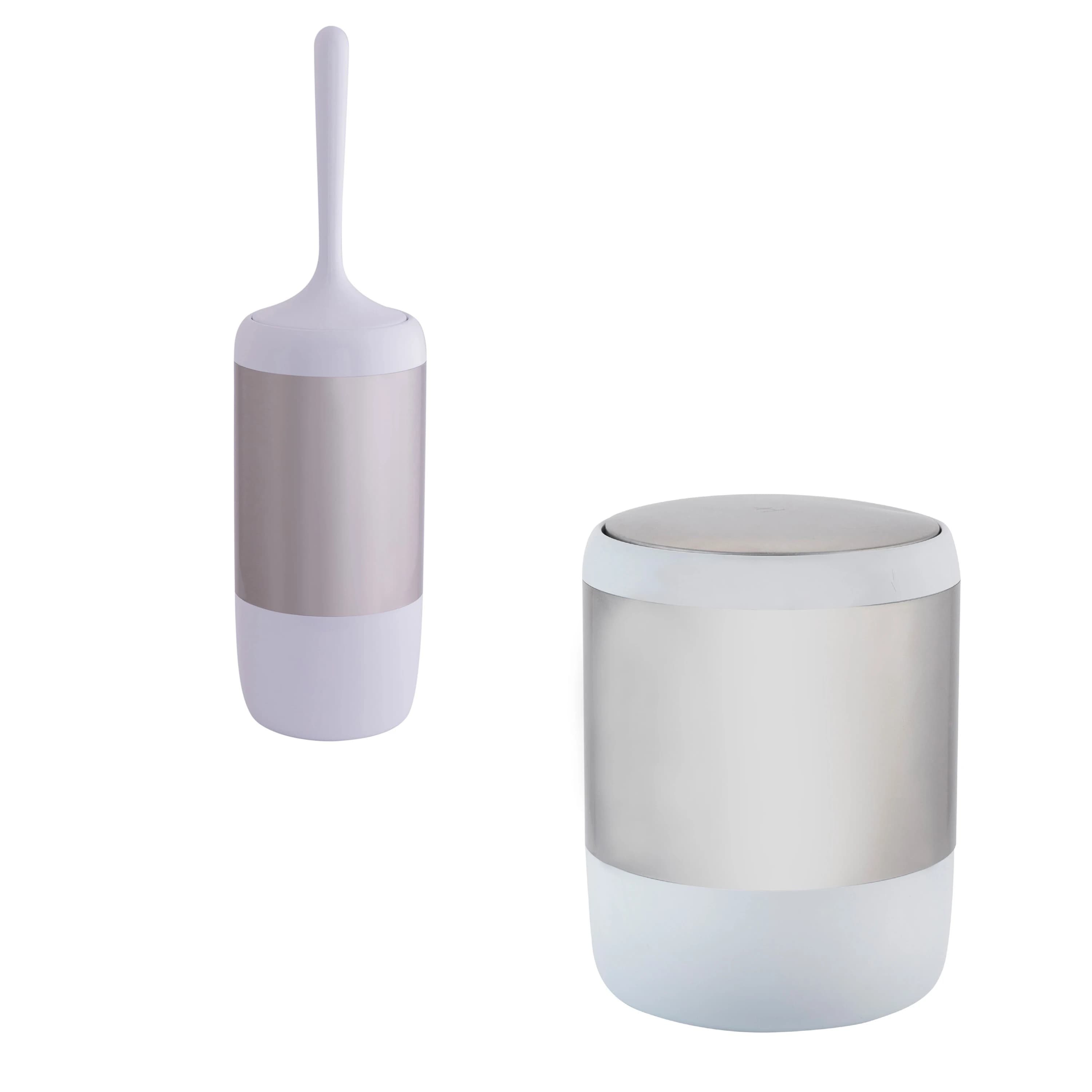 Smooth Matte White Stainless Steel Waste Bin with Matching Toilet Brush
