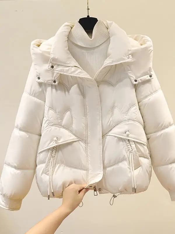Giacca Corta Imbottita in Cotone da Donna, Cappotto Invernale Spesso Stile Coreano, Casual con Cappuccio e Tasche con Zip