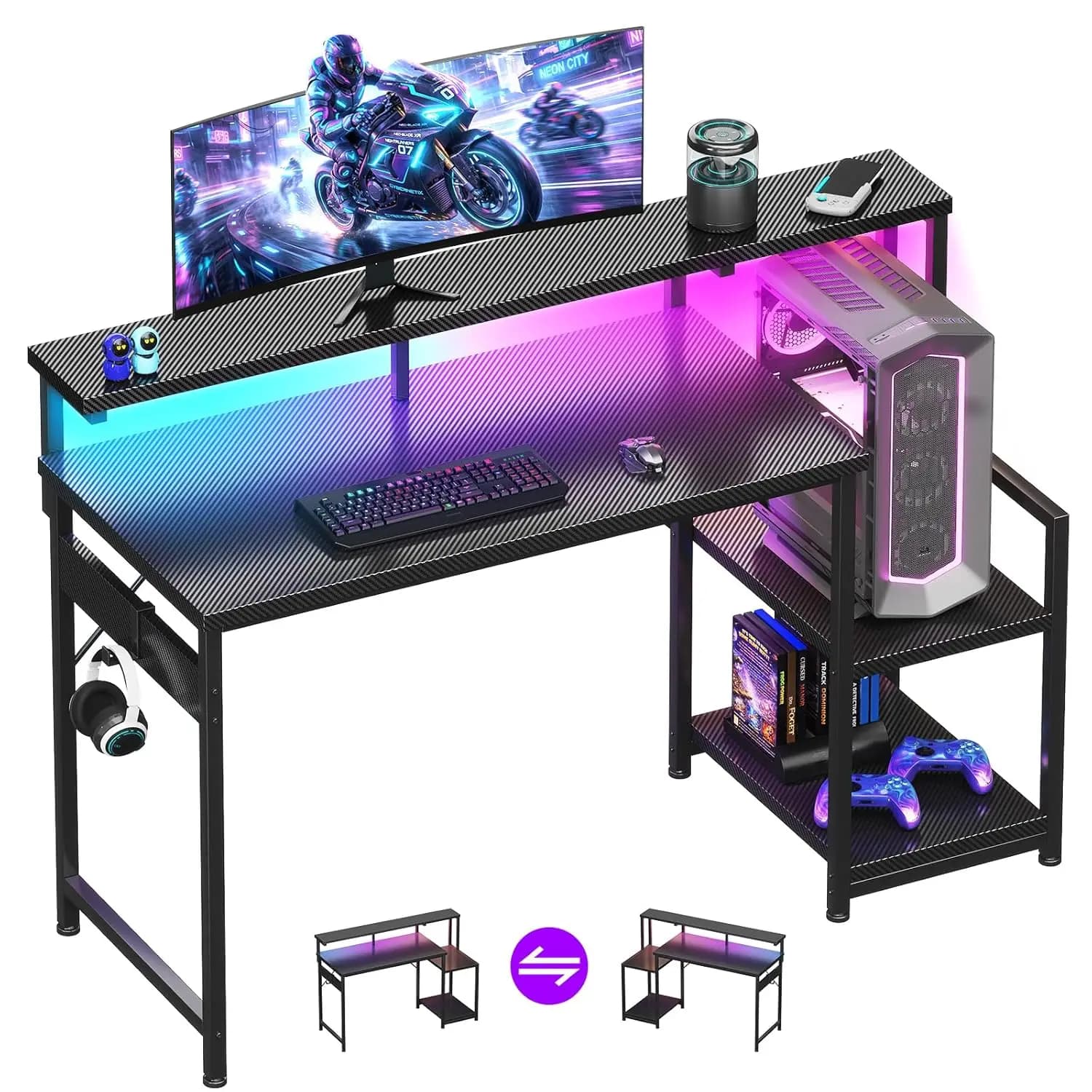 Scrivania da Gaming 48 Pollici con Luci LED, Scrivania per Computer con Ripiani Portaoggetti, Scrivania Reversibile con Supporto per Monitor, Carbonio, Personalizzabile