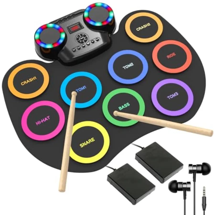 Set di batteria elettronica a 9 pad con luci LED, kit di batteria elettronica portatile Bluetooth, pad per batteria arrotolabile, doppio altoparlante integrato