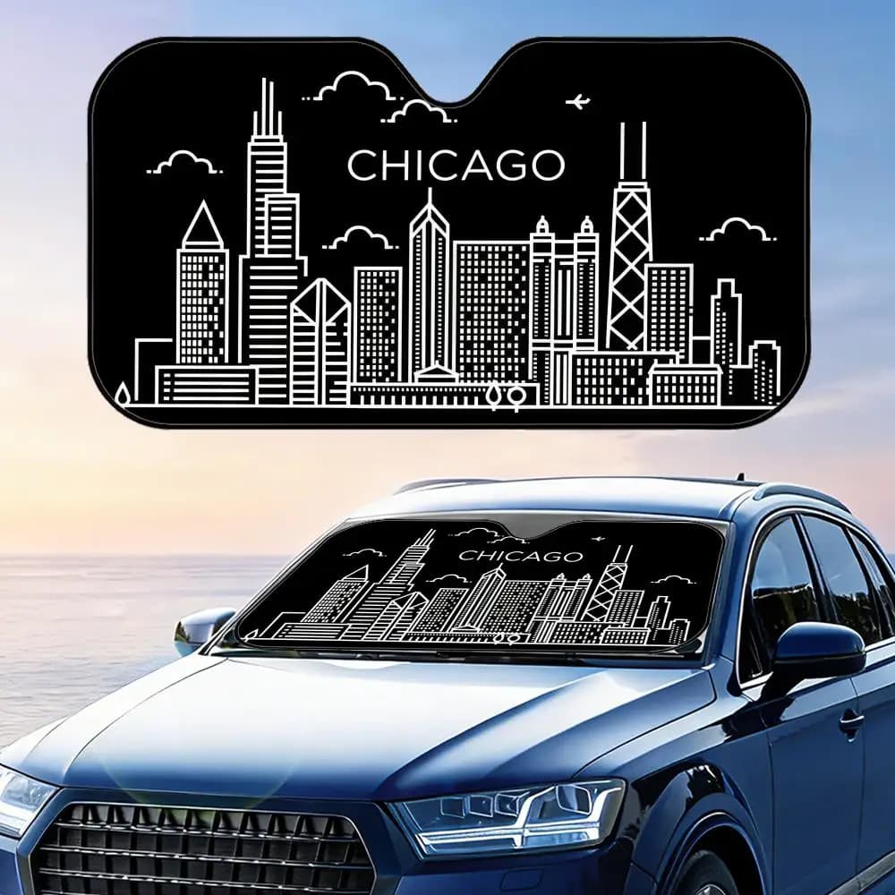 Parasole pieghevole Chicago Skyline in lamina di alluminio riutilizzabile, protezione UV per parabrezza, copertura isolante dal calore