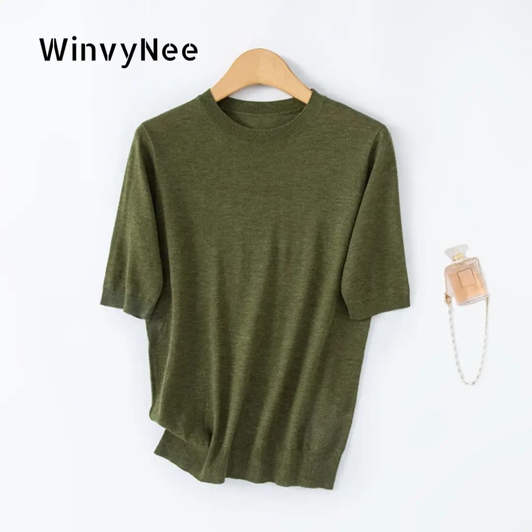 WinvyNee Maglione da Donna in Lana Pettinata a Collo Tondo, Manica Corta, Pullover Classico Chic Leggero per Primavera e Autunno A1757021A