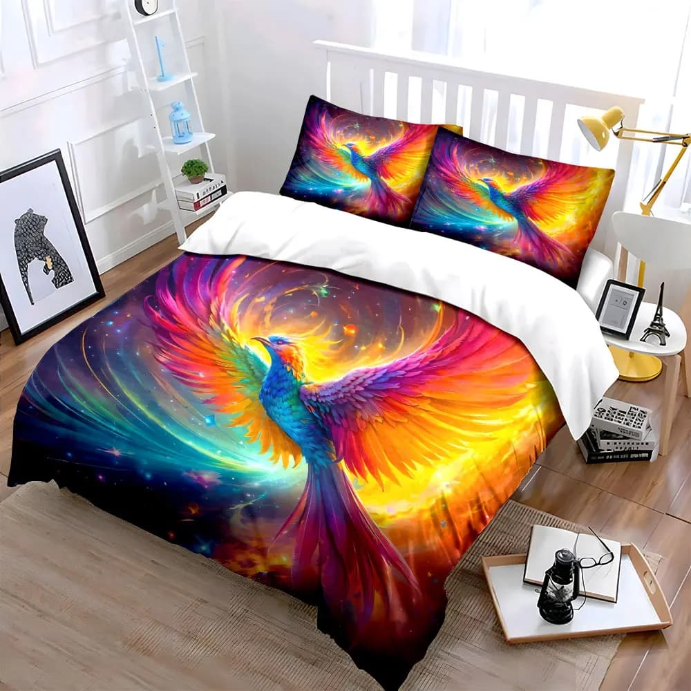 Colorful Phoenix Art Set Decor Bedding Set with 1 Duvet Cover 2 Pillowcases Single Double King Queen, Gift