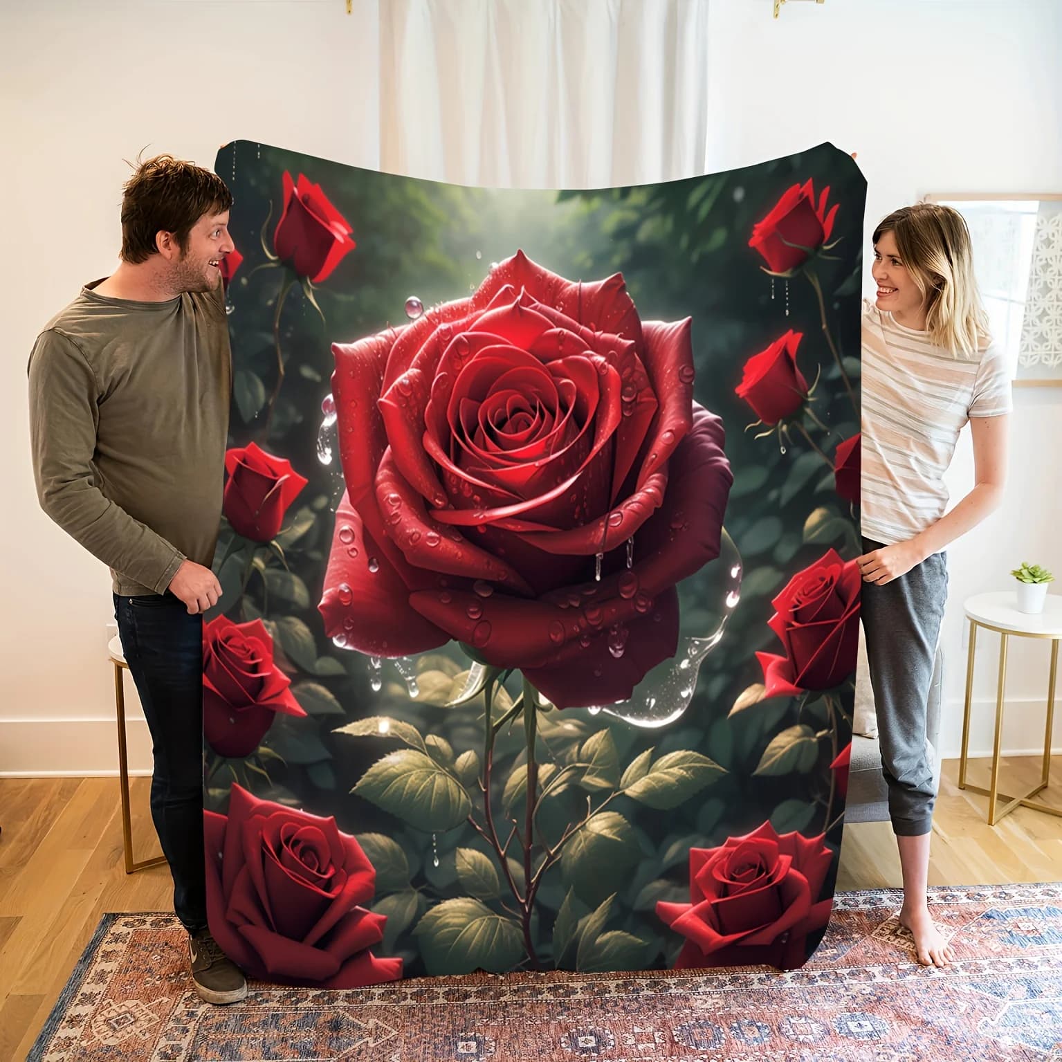 1pc 280GSM Red Rose Floral Print Flannel Blanket - Luxury Bedspread/Throw, Soft Warm All-Season Bed Covering, Elegant Rose Desig