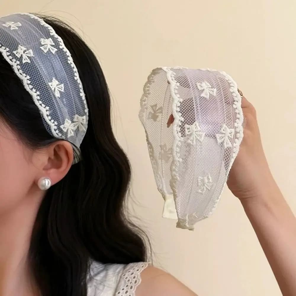 All-match Korean Style Embroidery Lace Headband Wide Edges Bowknot Bow Hair Band Hair Accessories Flower Mesh Hair Hoop Girls