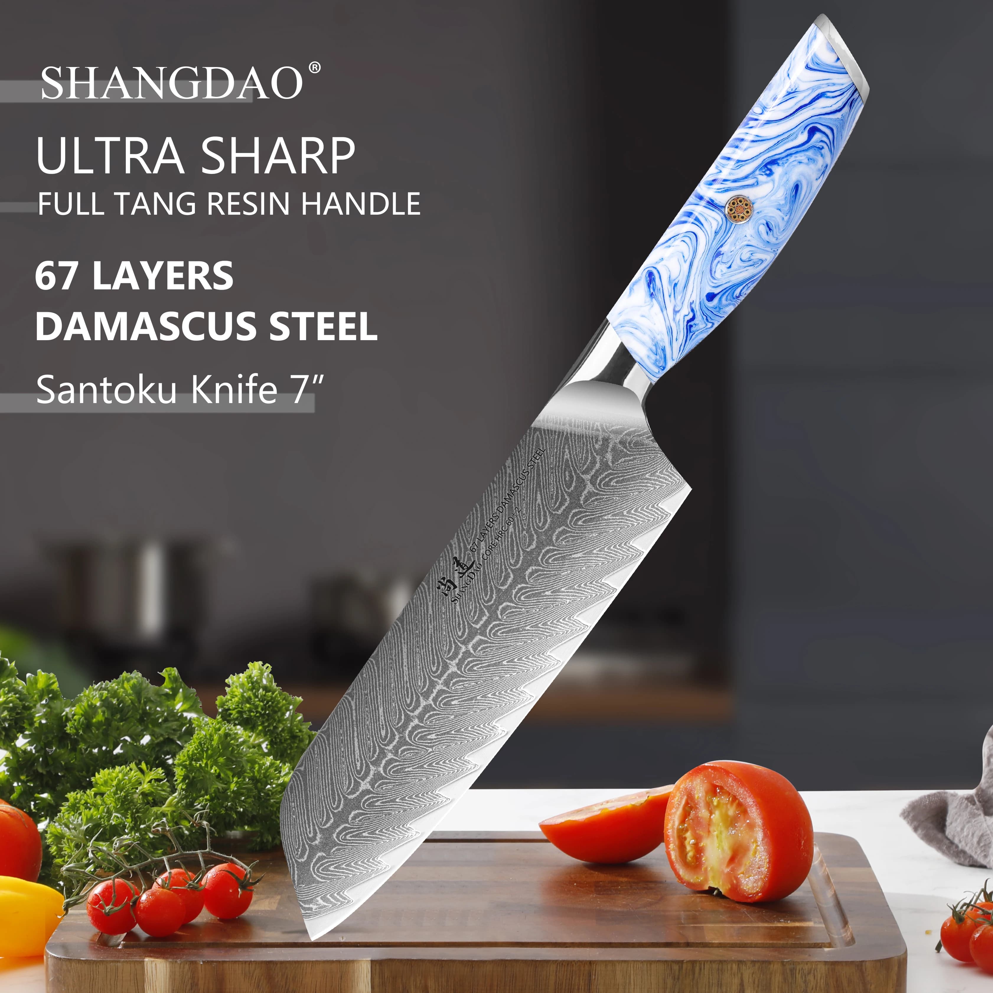 SHANGDAO Damascus Santoku Knife 7" kitchen knife, Japanese Damascus Forged Santoku Knife, Ergonomic Resin Handle, Cooking Gifts