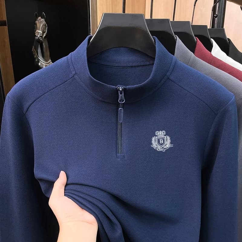 Fashion Original Crown Embroidered Zipper Half High Collar T-shirt Long Sleeve Autumn Plush Warm and Comfortable Men's Sweater