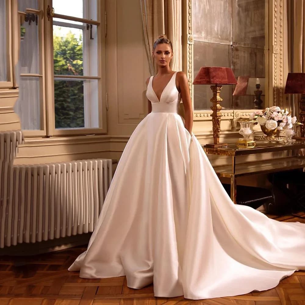 Flavinke Personalizzato A Line Abiti da sposa da donna Scollo a V con tasche Abito da sposa Backless Abiti da sposa in raso abiti da sposa