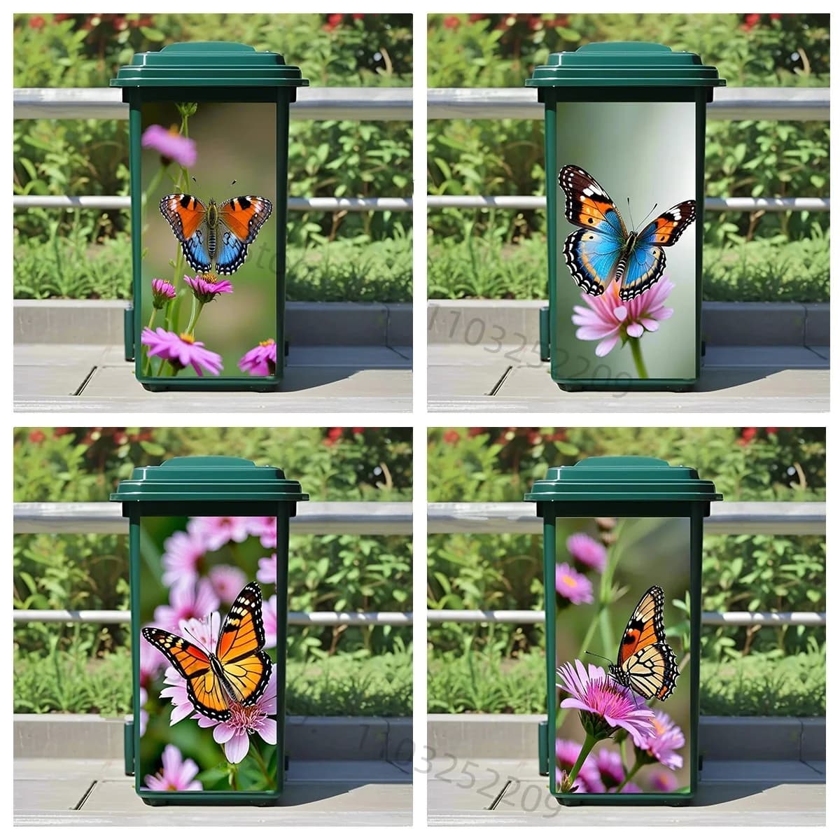 Fiore Farfalla Giardino esterno Decorativo Wheelie Bin Personalizza Adesivi autoadesivi Pattumiera Ristrutturazione Copertura Murale Decalcomania