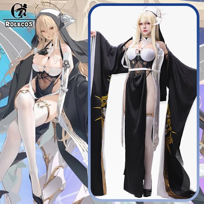 Costume Cosplay ROLECOS del Gioco Azur Lane HMS Implacable, Uniforme Sexy da Suora per Donne, Set per Feste di Halloween con Parrucca e Vestito