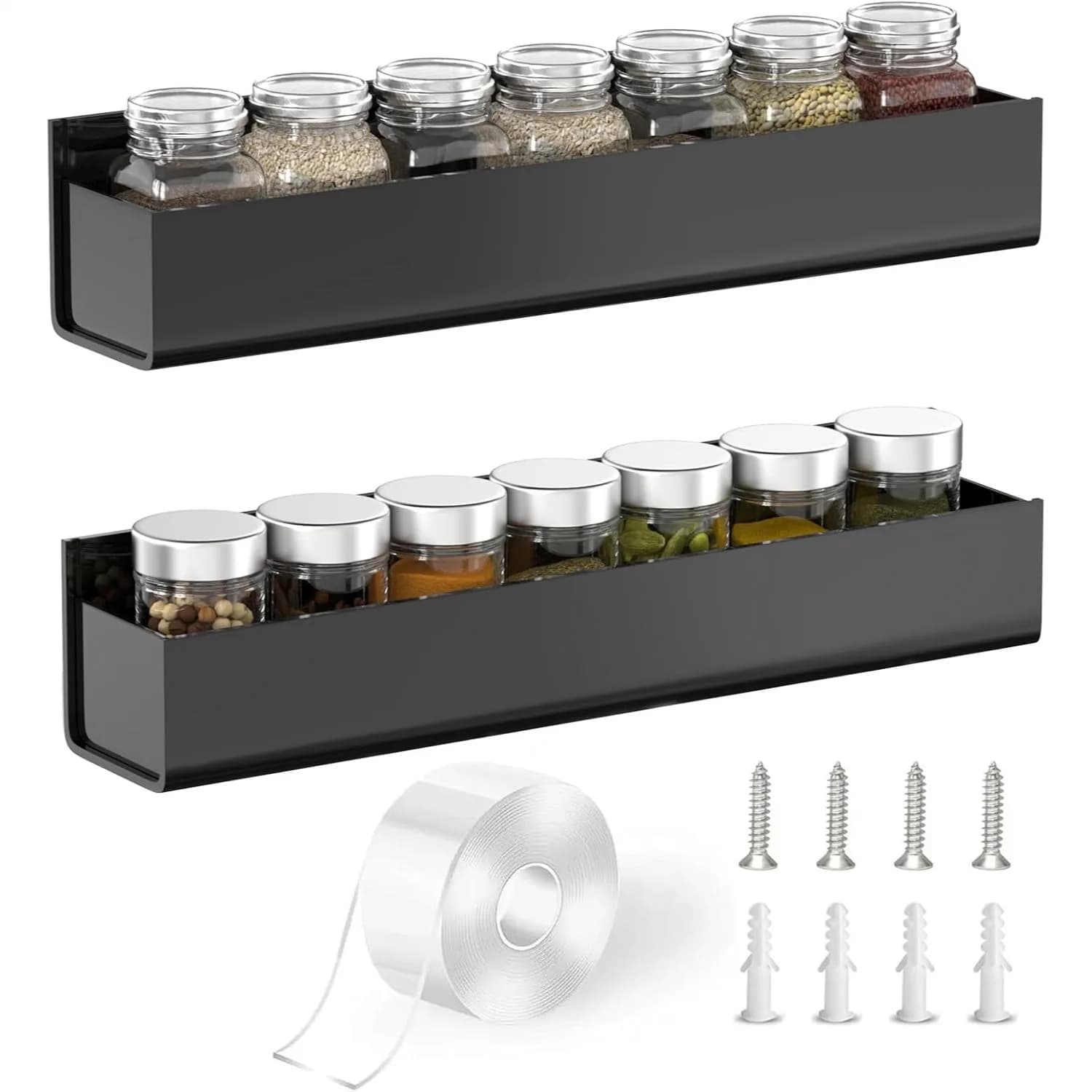Organizzatore per spezie adesivo in acrilico da parete con nastro biadesivo nano, mensola per condimenti da montare sullo sportello dell'armadio della cucina (Nero-2)