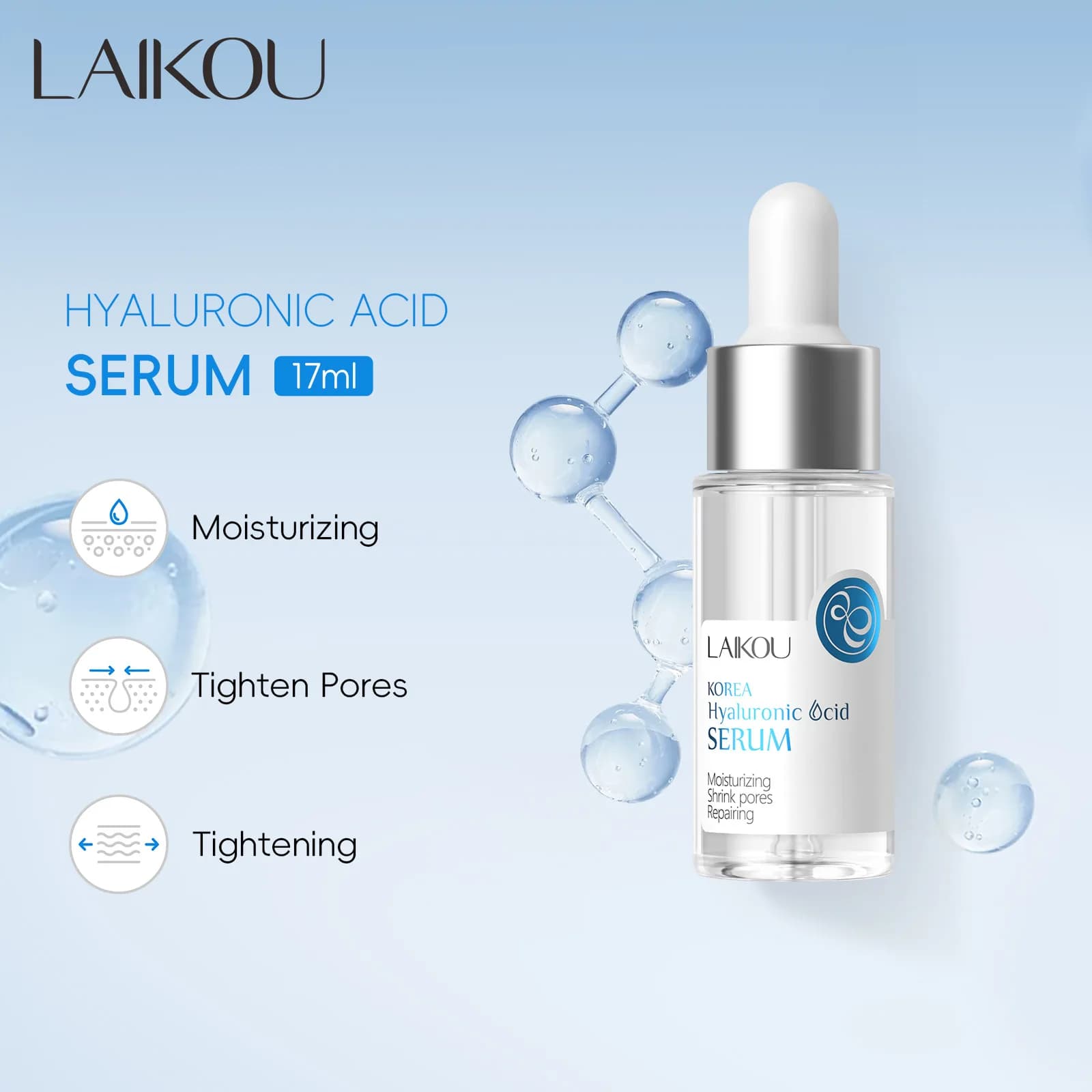 LAIKOU Siero all'Acido Ialuronico Idratante e Levigante, Essenza Viso per la Cura della Pelle, Crema Restringente Pori per Pelle Secca del Viso