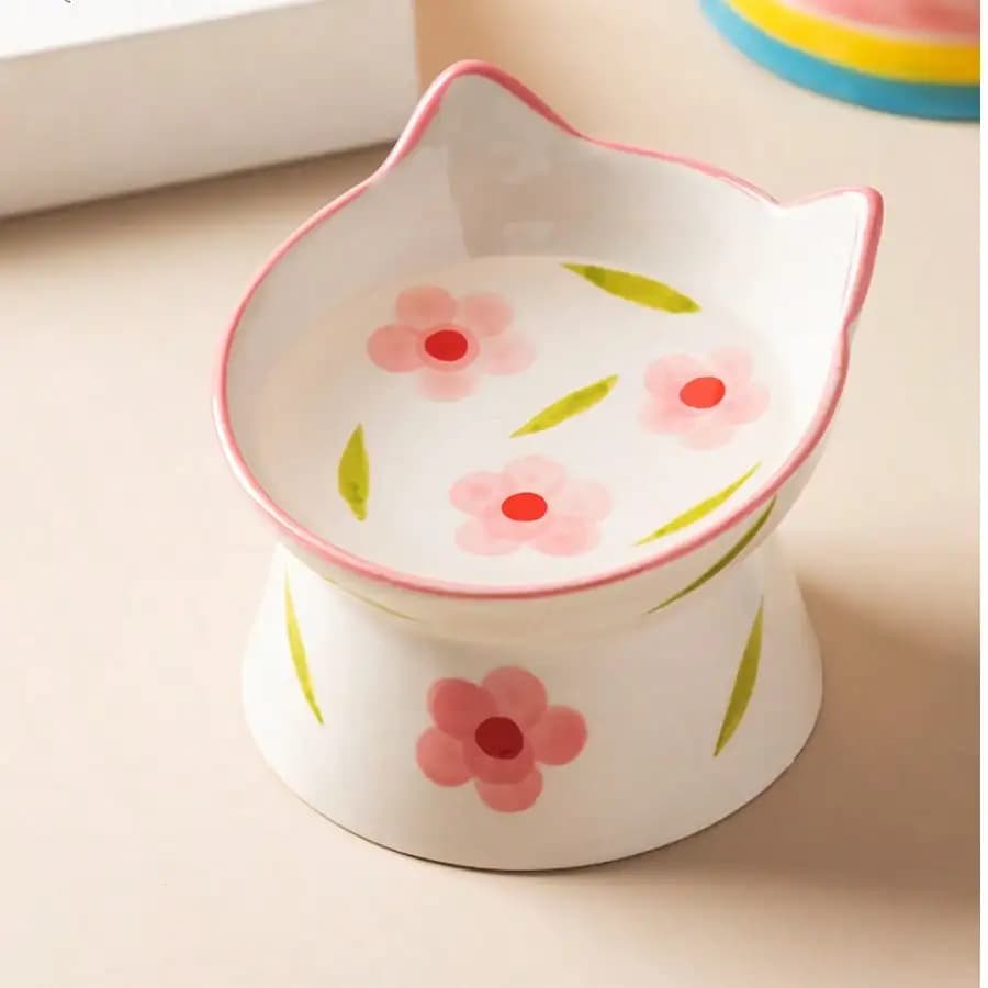 Ciotola per Animali Domestici in Ceramica con Design a Faccia di Gatto, Antiscivolo con Bordo Inclinato per Cani e Gatti