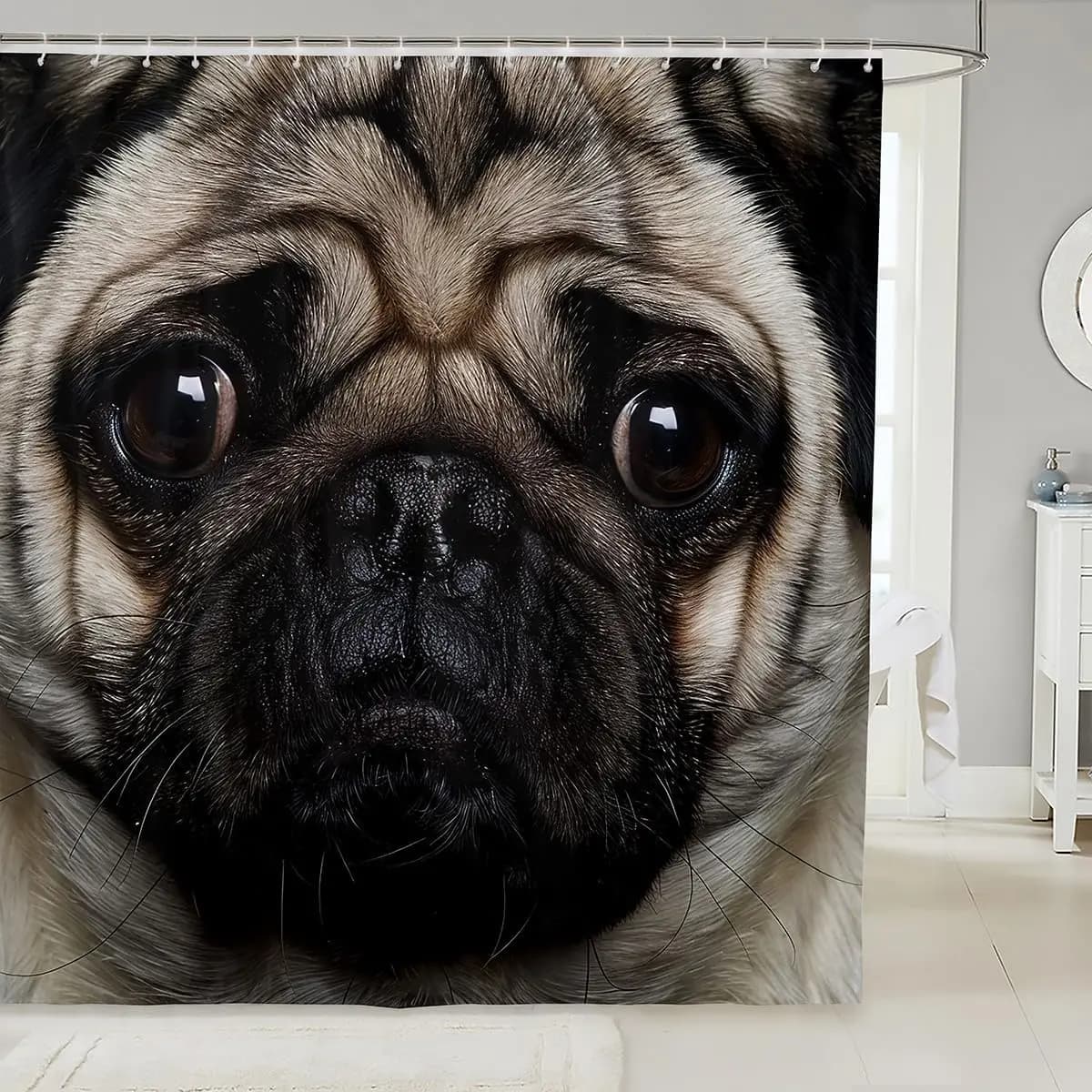 Pug Shower Curtain Cute Cartoon Pug Dog Shower Curtains with Hooks for Kids Adults Kawaii Pet Pug Puppy Bath Curtain 3D Animal