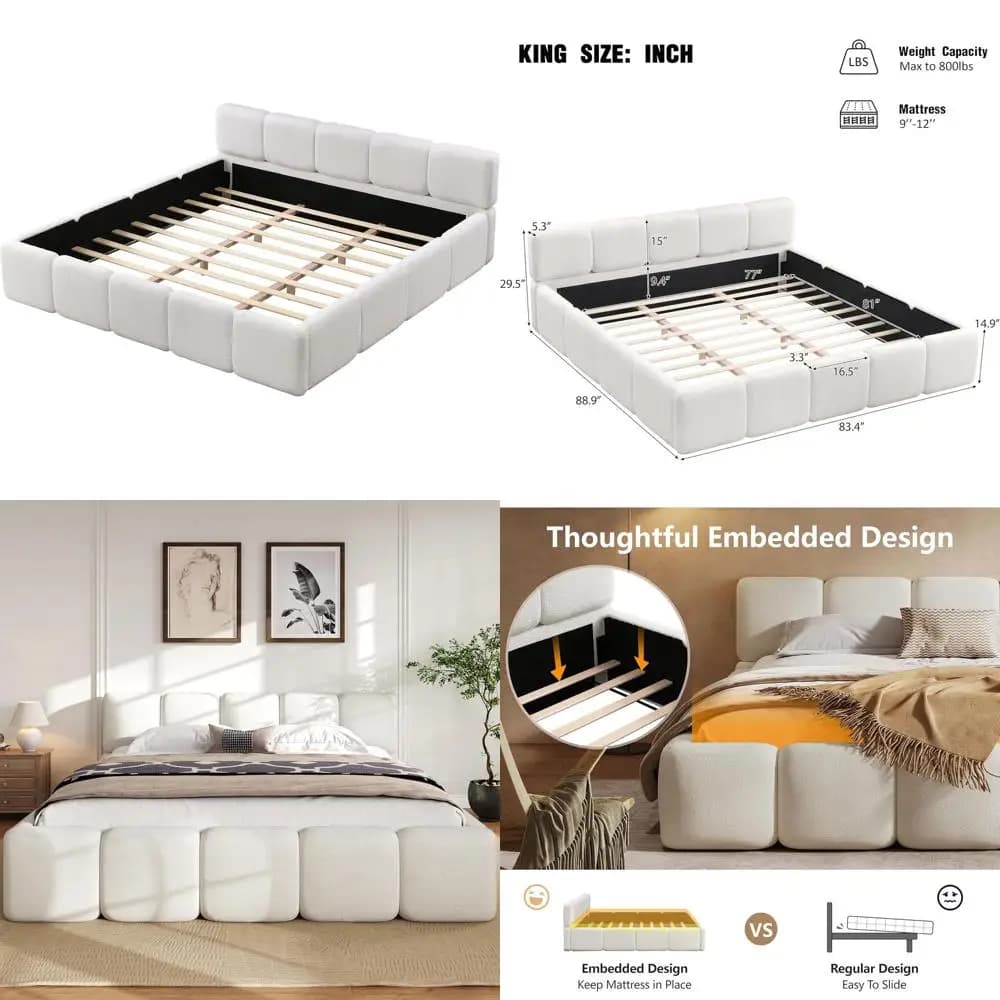 Letto matrimoniale MeKing Size Boucle con piattaforma, base spessa e pannello laterale, letto imbottito in stile Block, bianco