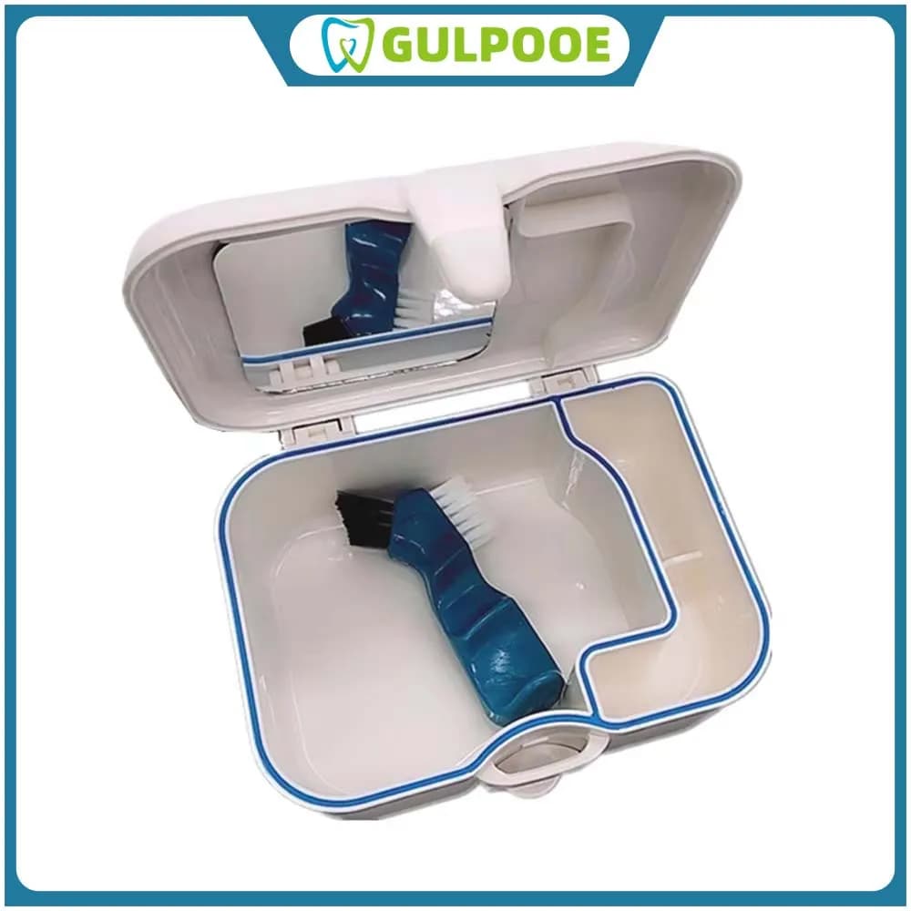 GULPOOE Custodia per denti finti con specchio e spazzola pulita Custodia per protesi Contenitore di fermo Scatola per protesi portatile Laboratorio dentale
