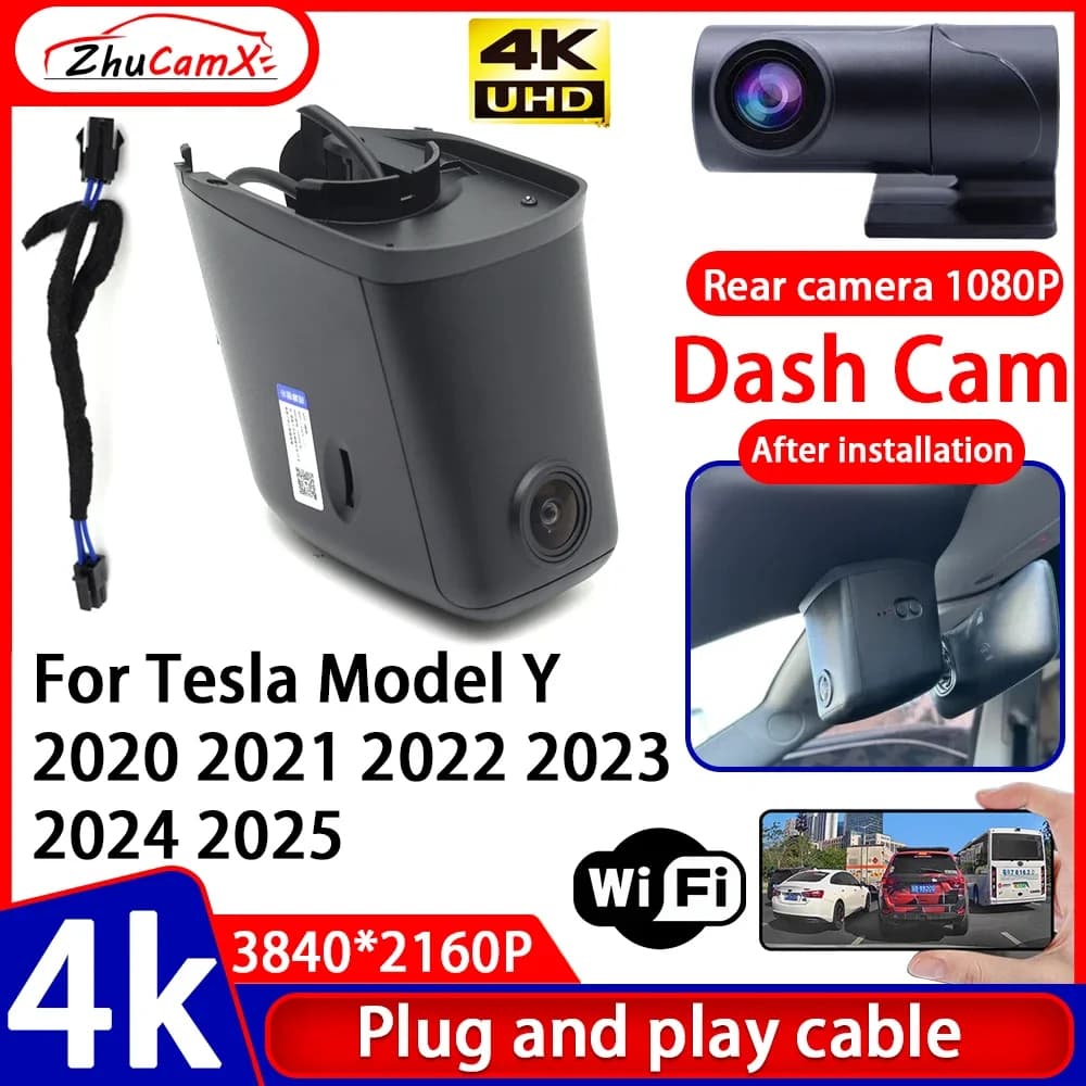 ZhuCamX Videoregistratore Night Visio 4K UHD Plug and Play Car DVR Dash Cam Camera per Tesla Model Y 2020 2021 2022 2023 2024 2025