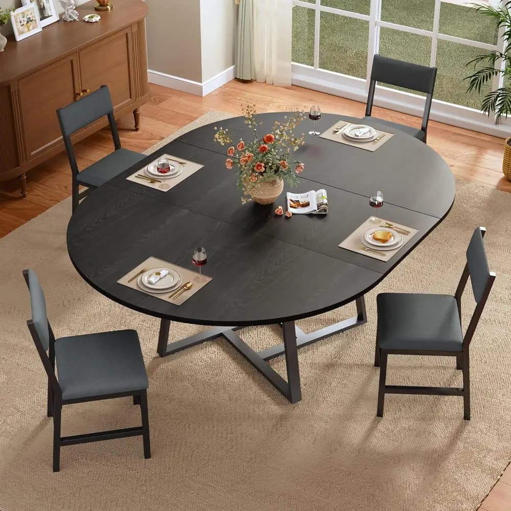 Set Tavolo da Pranzo Espandibile Rotondo/Ovale con 4-8 Sedie Imbottite, Metallo e MDF, Salvaspazio, Effetto Legno Nero