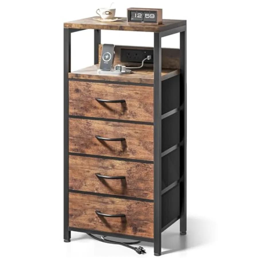 NightStand Bedside Charging Table Bedroom - Night Stand with Charger Station Modern Nightstand with Open Shelf and Fabric Bed S