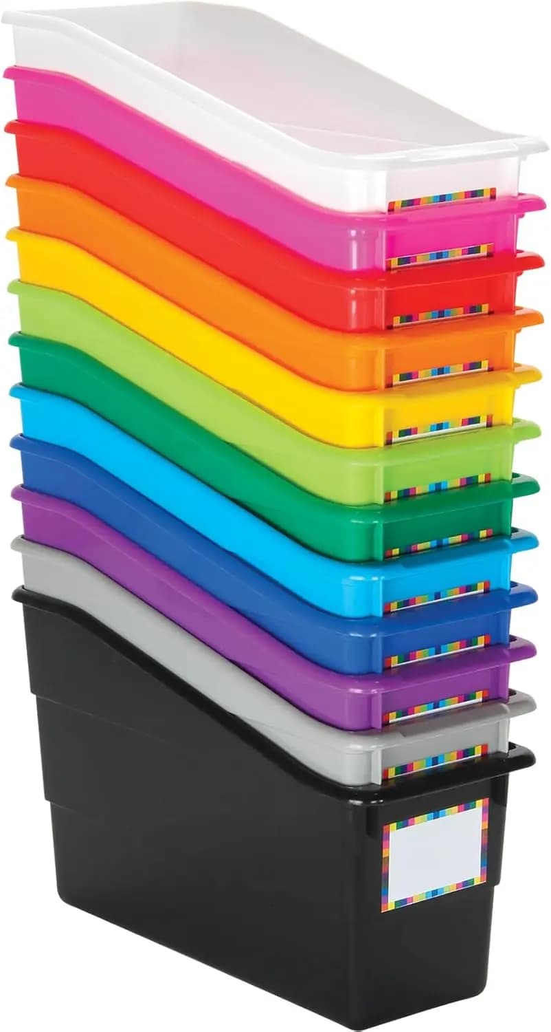 Contenitori Organizzativi Arcobaleno, Porta Libri in Plastica Premium con Etichette per Nomi, Organizzazione Verticale per Aula