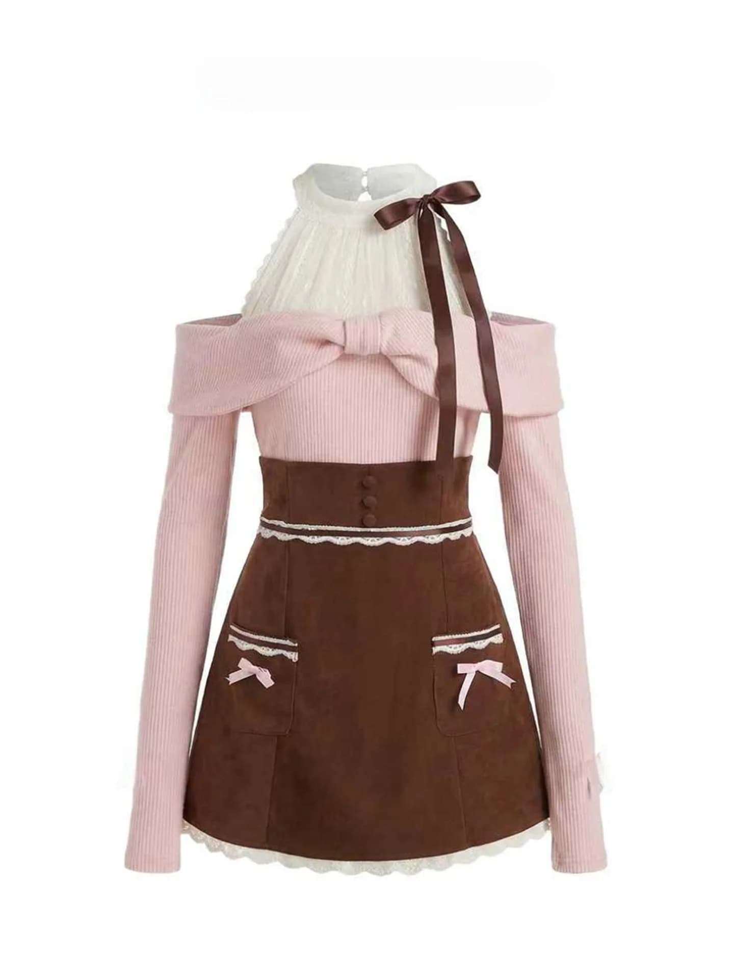 Set Top e Gonna in Maglia con Pizzo Stile Sweet Girl, Abbigliamento Casual Primaverile, Vita Alta, Design Bicolore, Collo Tondo, Nodo