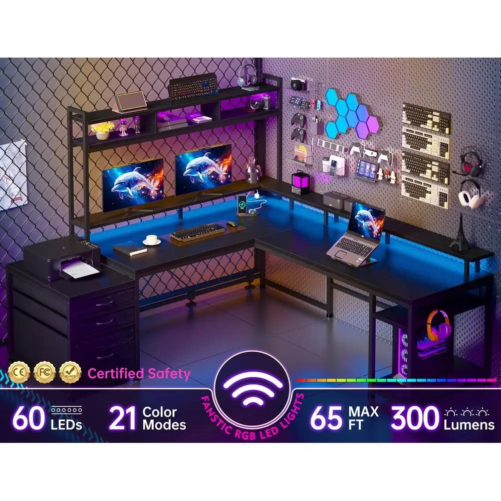 Scrivania Sagomata con Mobiletto e Cassetti, Scrivania da Gaming Reversibile con Presa di Corrente, Supporto Monitor e Luci LED, Angolo Computer D