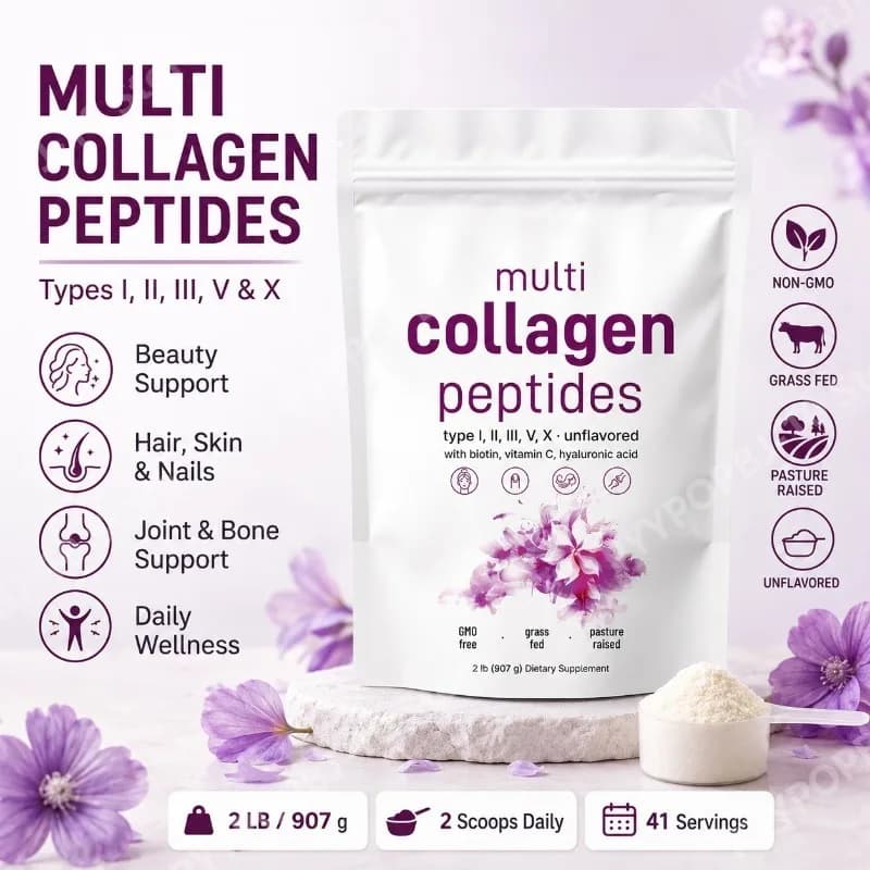 Collagene Multi-Peptidico Tipi I, II, III, V, X con Biotina, Vitamina C e Acido Ialuronico, Polvere Proteica Senza Sapore 907g
