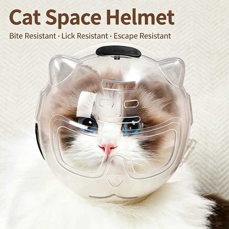 Cat Space Helmet Clear PET Anti-Bite Lick Resistant Adjustable Breathable Cat Mask for Bathing Grooming Medication Small Cats
