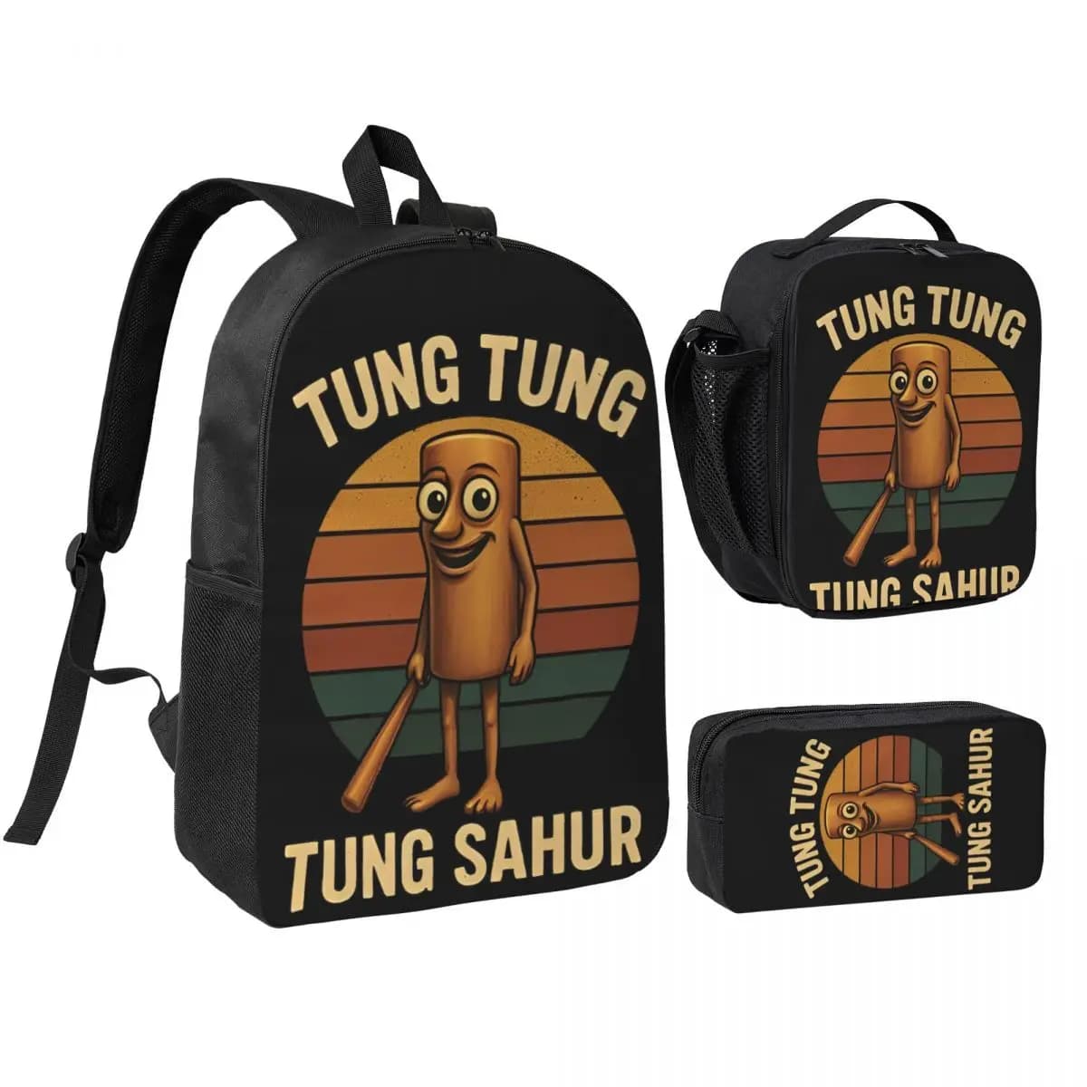 Tung Sahur 3pecs/set Backpack for Boys Girls Italian Brainrot High School Daypack Lunch bag Pencil Case