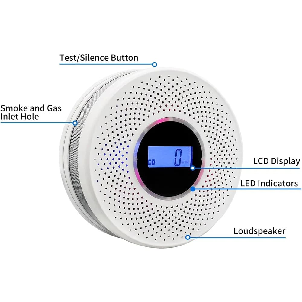 Rilevatore di Fumo e Monossido di Carbonio Combo con Display Digitale e Allarme Sonoro e Luminoso, Rilevatore 2-in-1 di Fumo e CO con Batteria