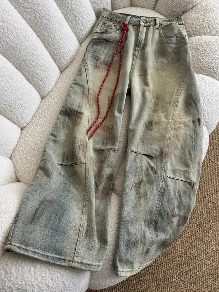 American High Street Distressed Knife Jeans Hip Hop Apocalyptic Loose Wide Leg Trousers for Men Casual Wear