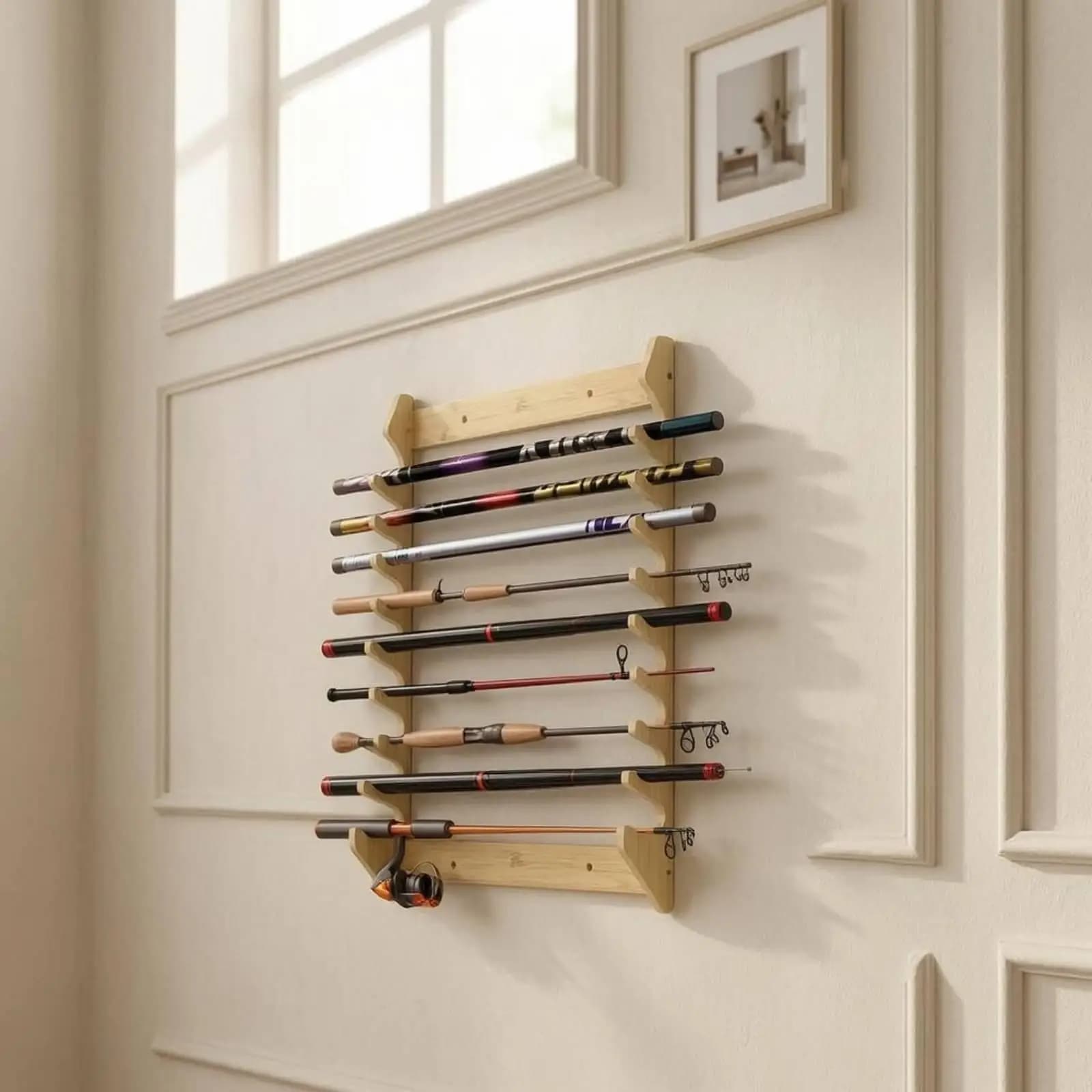 Wooden Fishing Rod Rack Wall Hanger with Open Frame Rod Support for Orderly Gear Storage and Visible Display