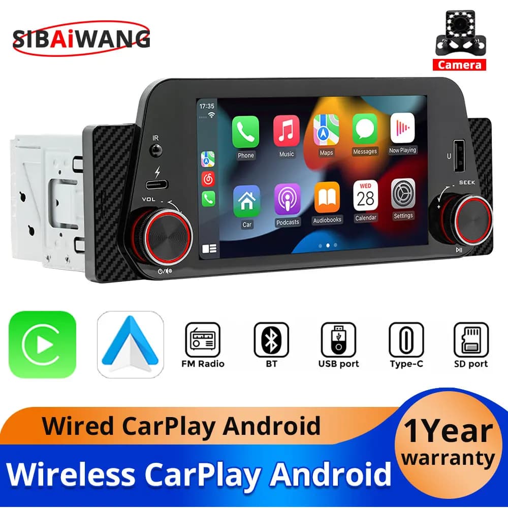 Wireless Carplay Android Auto Autoradio da 5 pollici Bluetooth 1Din Lettore multimediale universale MP5 Touch Screen FM USB Mirror Link