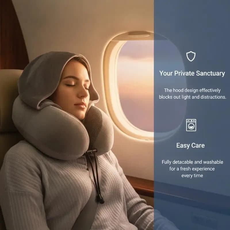 @*Memory Foam Travel Neck Pillow Hooded Adjustable Strap Washable Skin-friendly Fabric for Airplane Car Nap