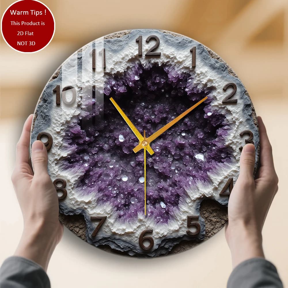 Tempered Glass Wall Clock with amethyst geode suitable for home or table room wall decoration anywhere