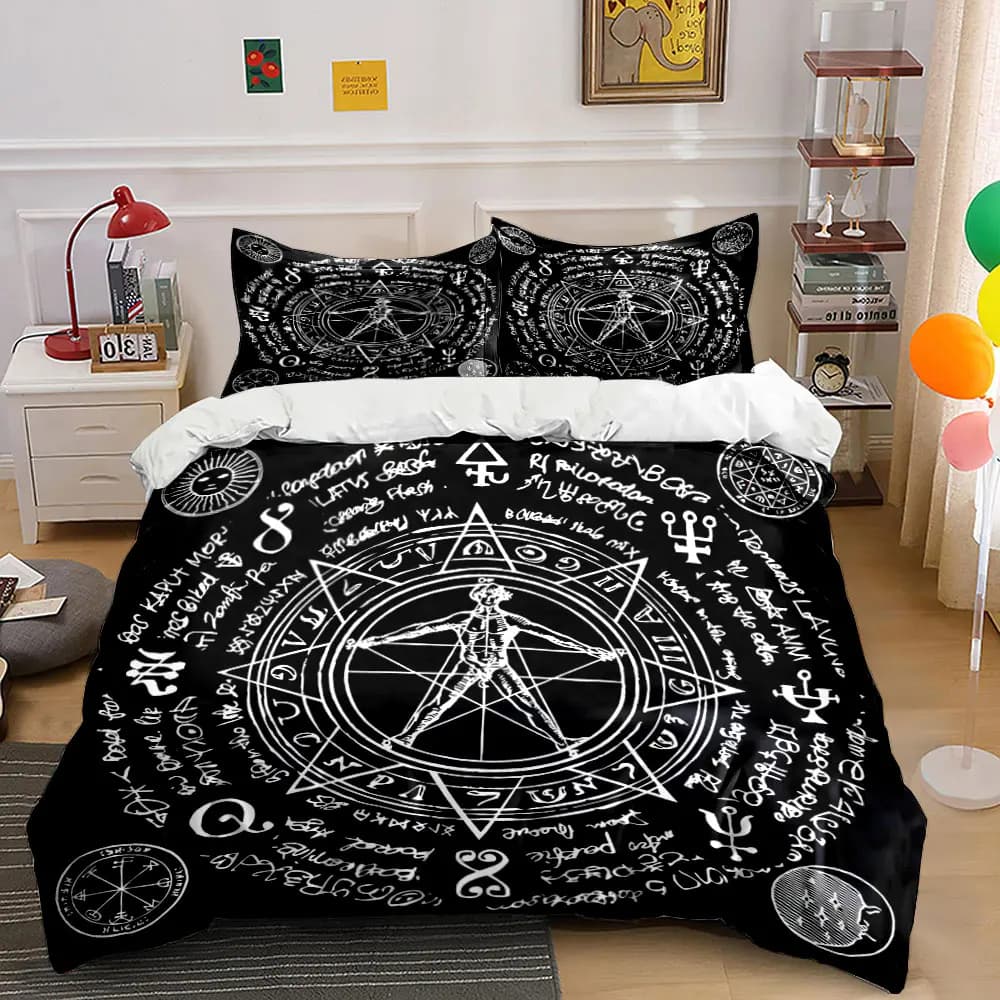 Set di biancheria da letto con stampa di simboli misteriosi e diagramma umano, morbido e confortevole, include 1 copripiumino e 2 federe.